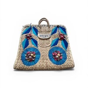 MexiEli Handwoven Mexican Palm Tote Blue Floral Straw Market Bag